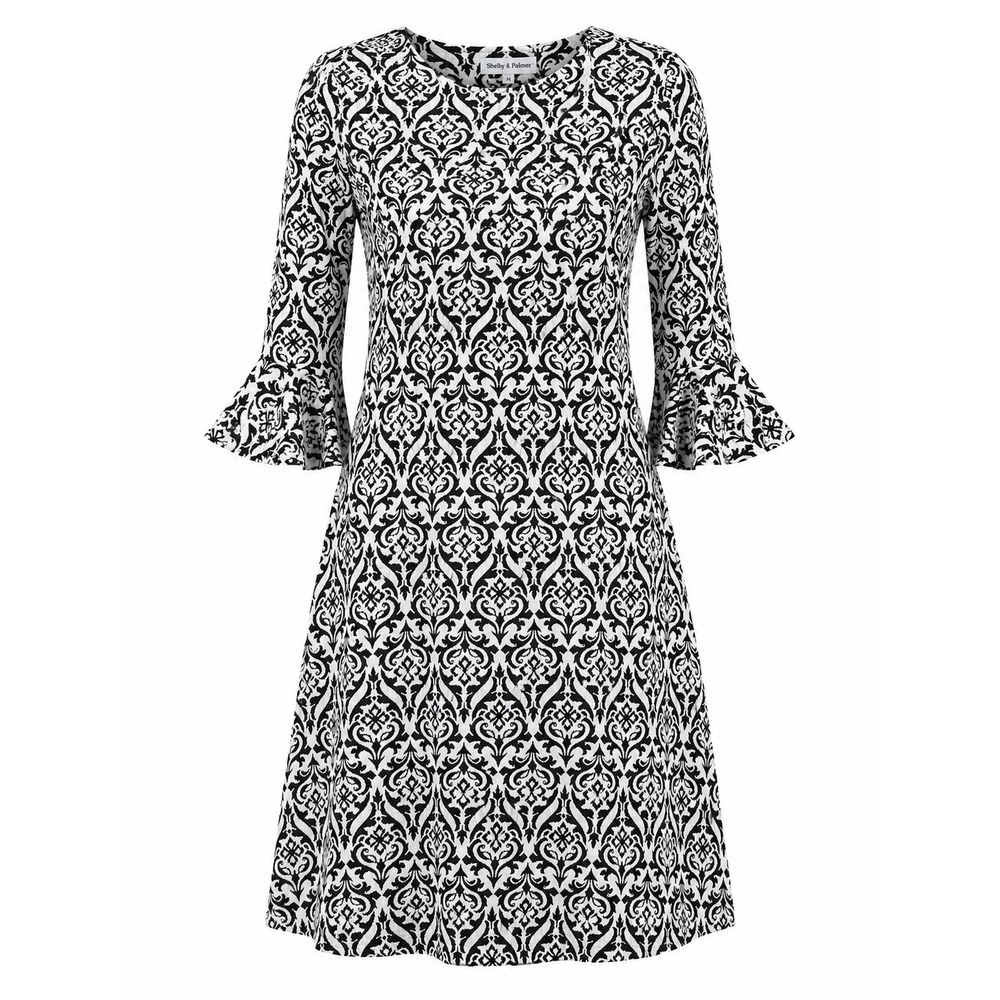 Shelby‎ Palmer Womens Dress Size 14 Black White Damask Shift Bell Sleeve Classic